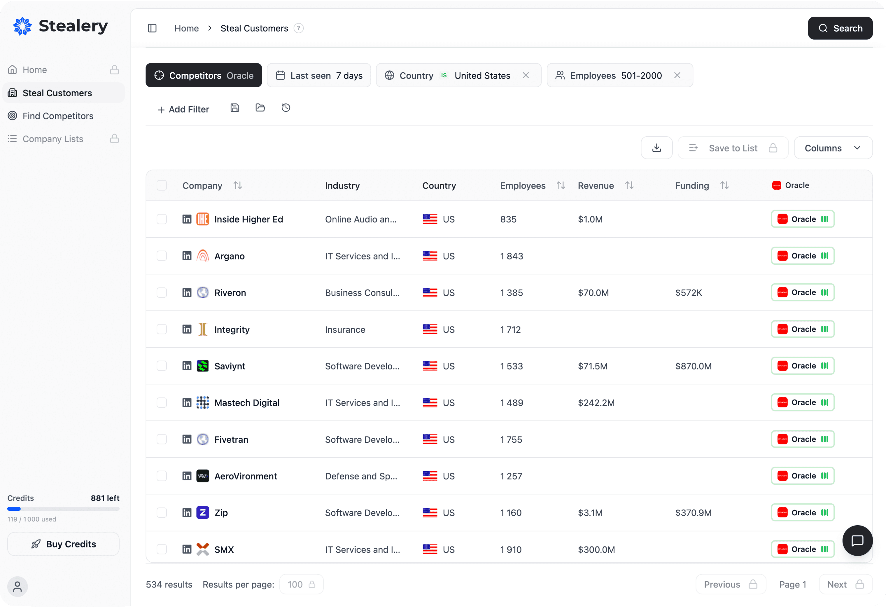 Stealery app — search competitor customers and export leads