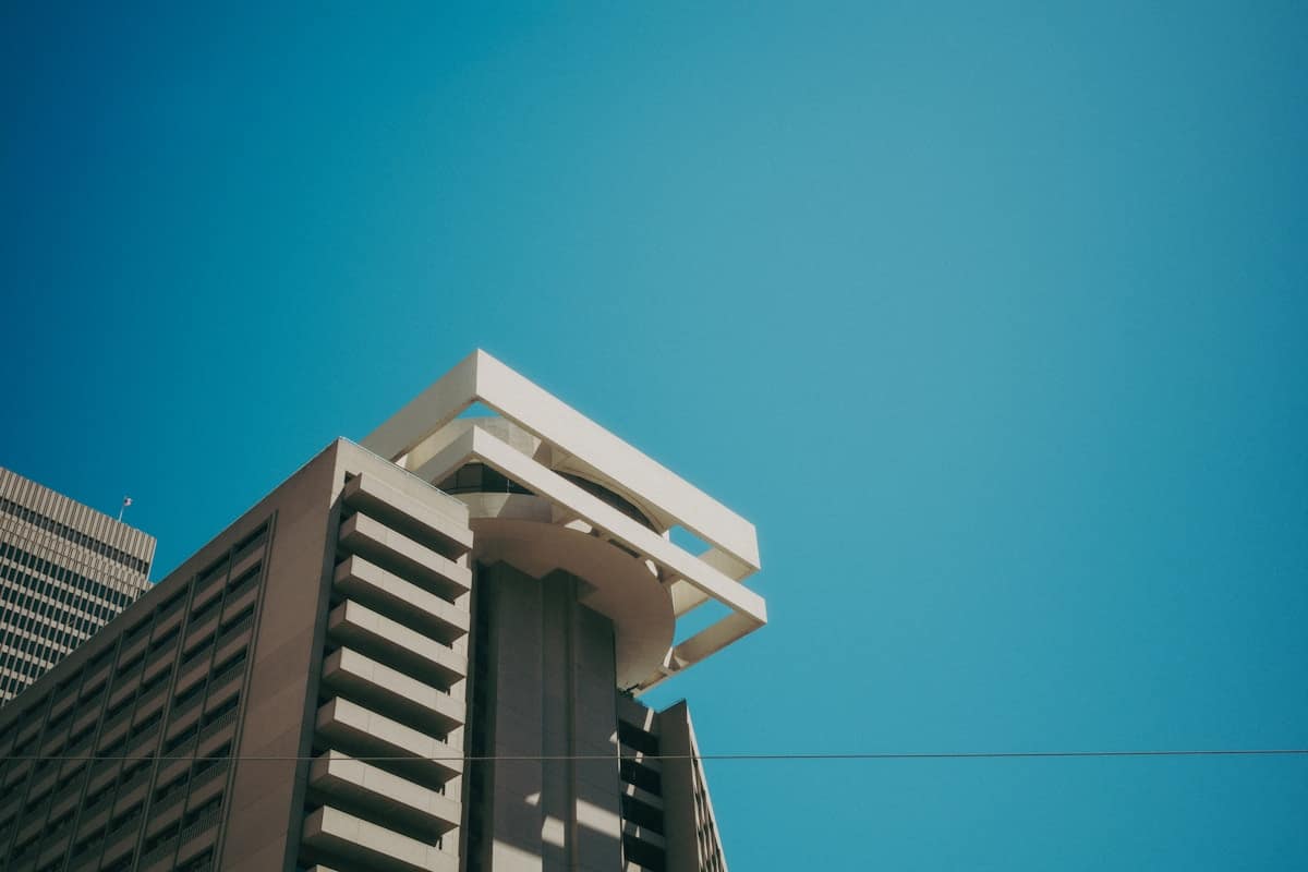 Modern building against a clear blue sky.